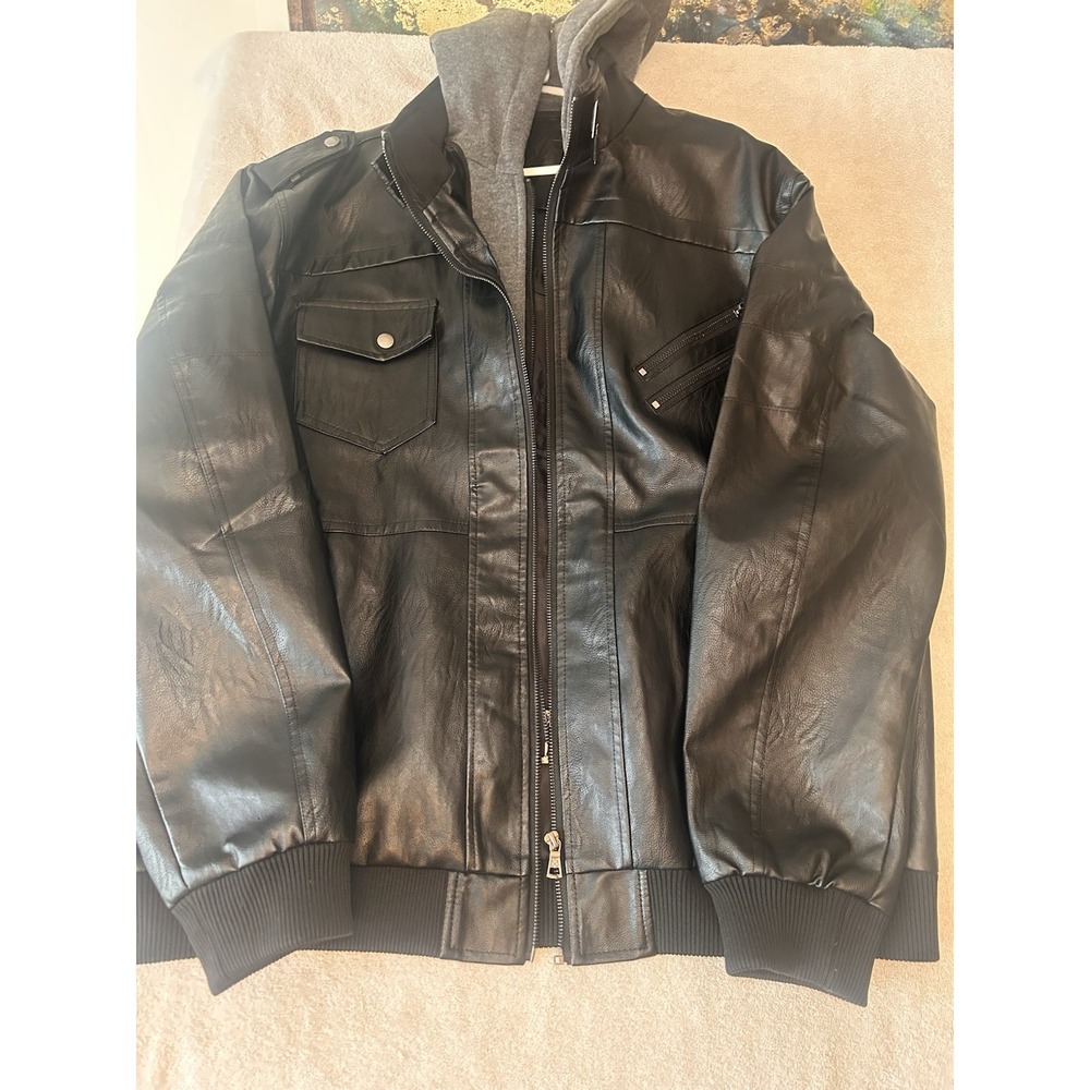 Men's Black Faux Leather Jacket XXXL Hooded Zip Moto Bomber Style Winter Coat